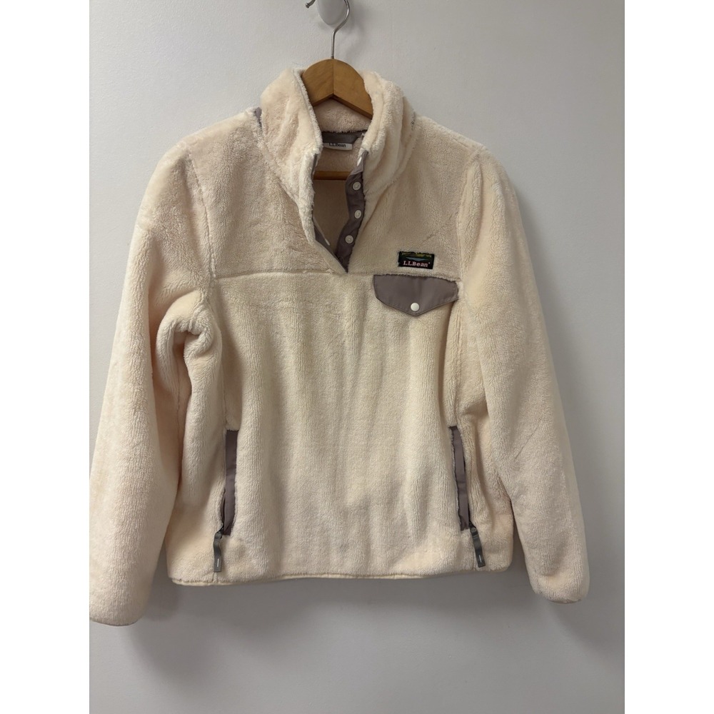 LL Bean Hi-Pile Fleece Snap Pullover Beige Womens Sz S Sherpa